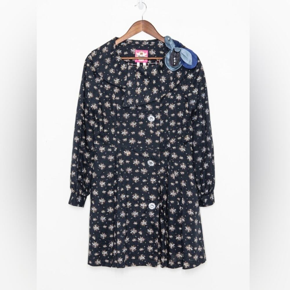 Ditsy Floral Swing Coat Womens XS Black Blue Twee Romantic Retro Mod Feminine